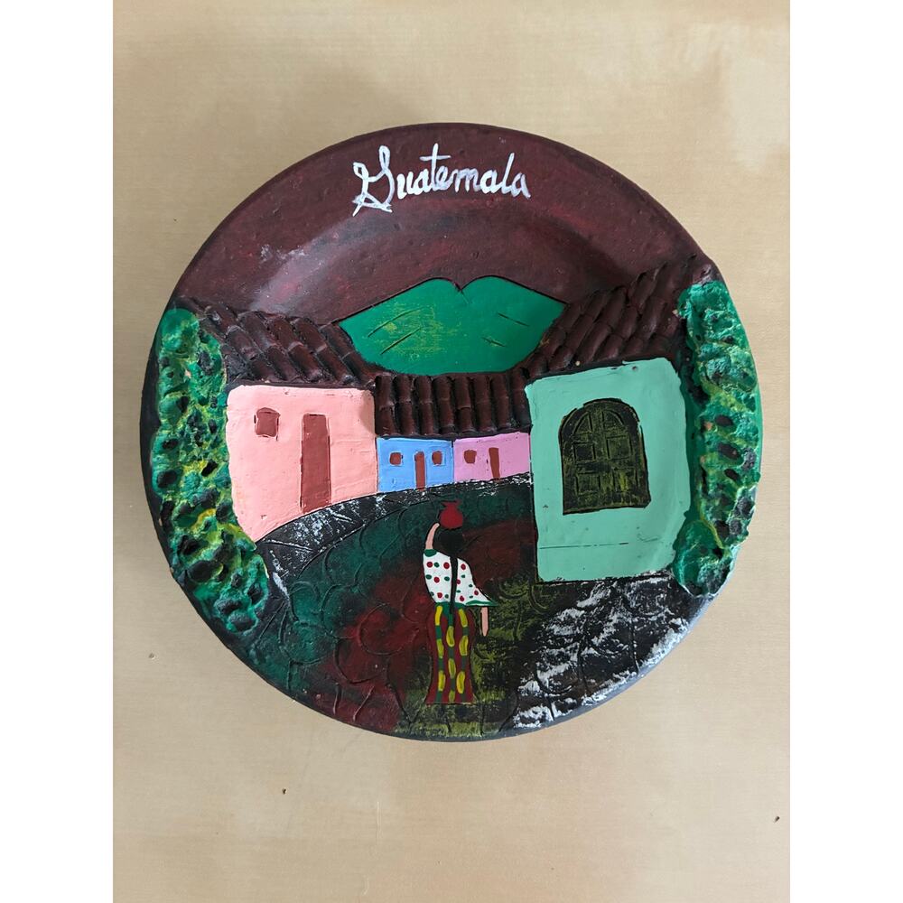 Vintage Hand Painted Guatemala Ceramic Art Plate Wall Hanging Colorful village